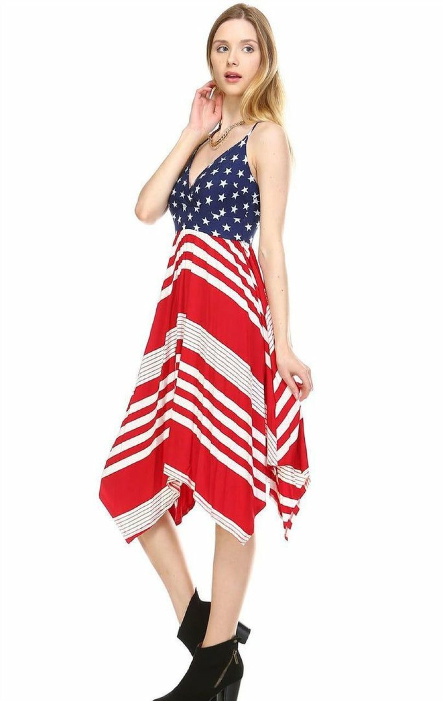 Regular Size * | Zoozie La Spaghetti V-Neck Navy Star Handkerchief Dress With Red Stripes Handkerchief Spaghetti Navy Star Stripe 3 Red