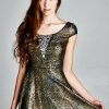 Regular Size * | Zoozie La Glitter Party Skater Dress Rhinestone Neckline Gold Regular Size