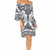 Regular Size * | Zoozie La Off Shoulder Tunic Dress Black White Paisley Regular Size