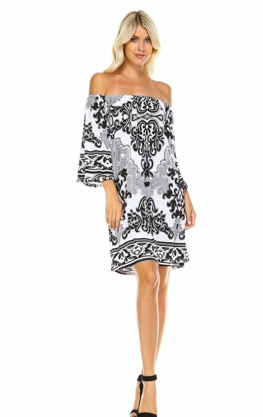 Regular Size * | Zoozie La Off Shoulder Tunic Dress Black White Paisley Regular Size