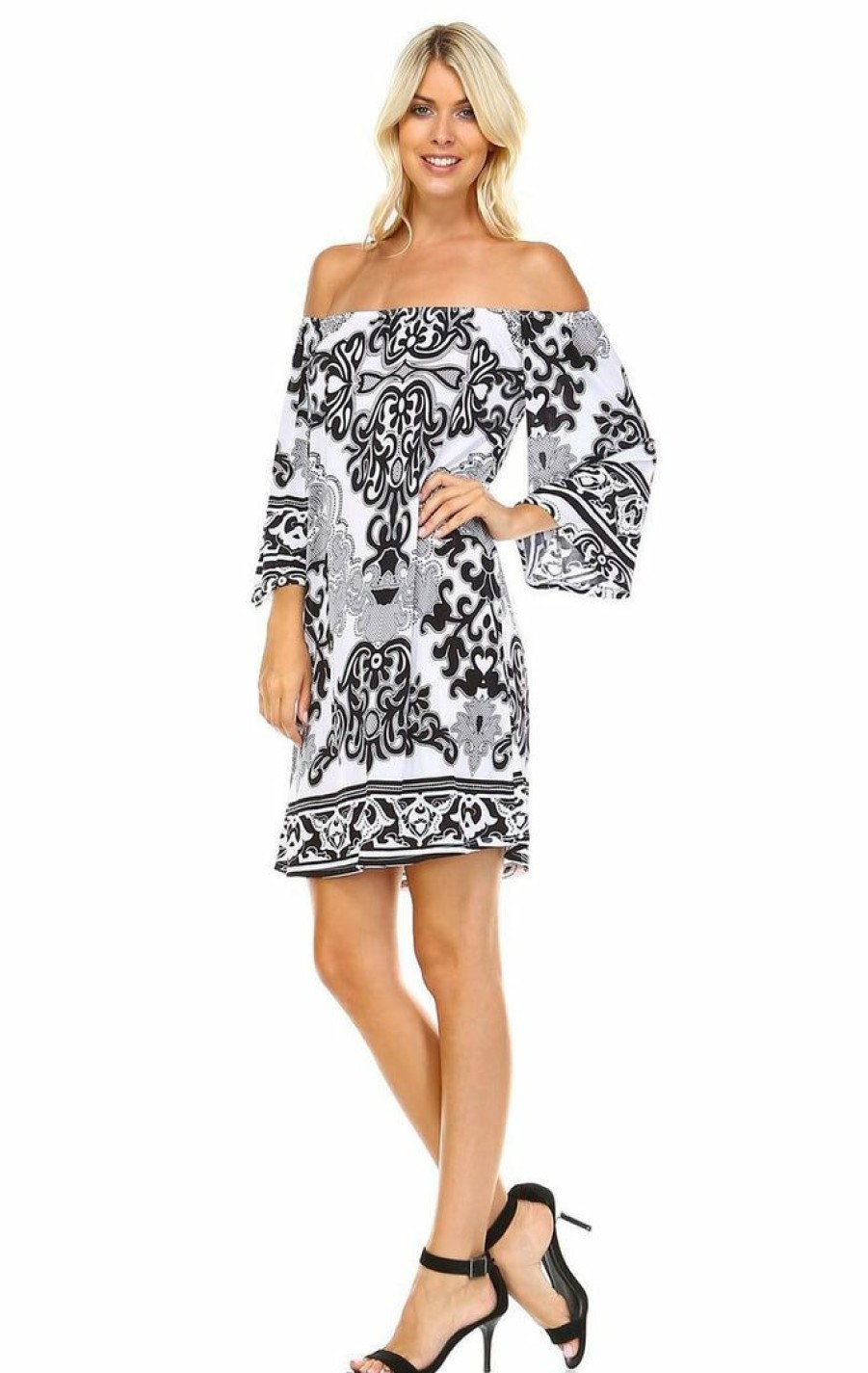 Regular Size * | Zoozie La Off Shoulder Tunic Dress Black White Paisley Regular Size