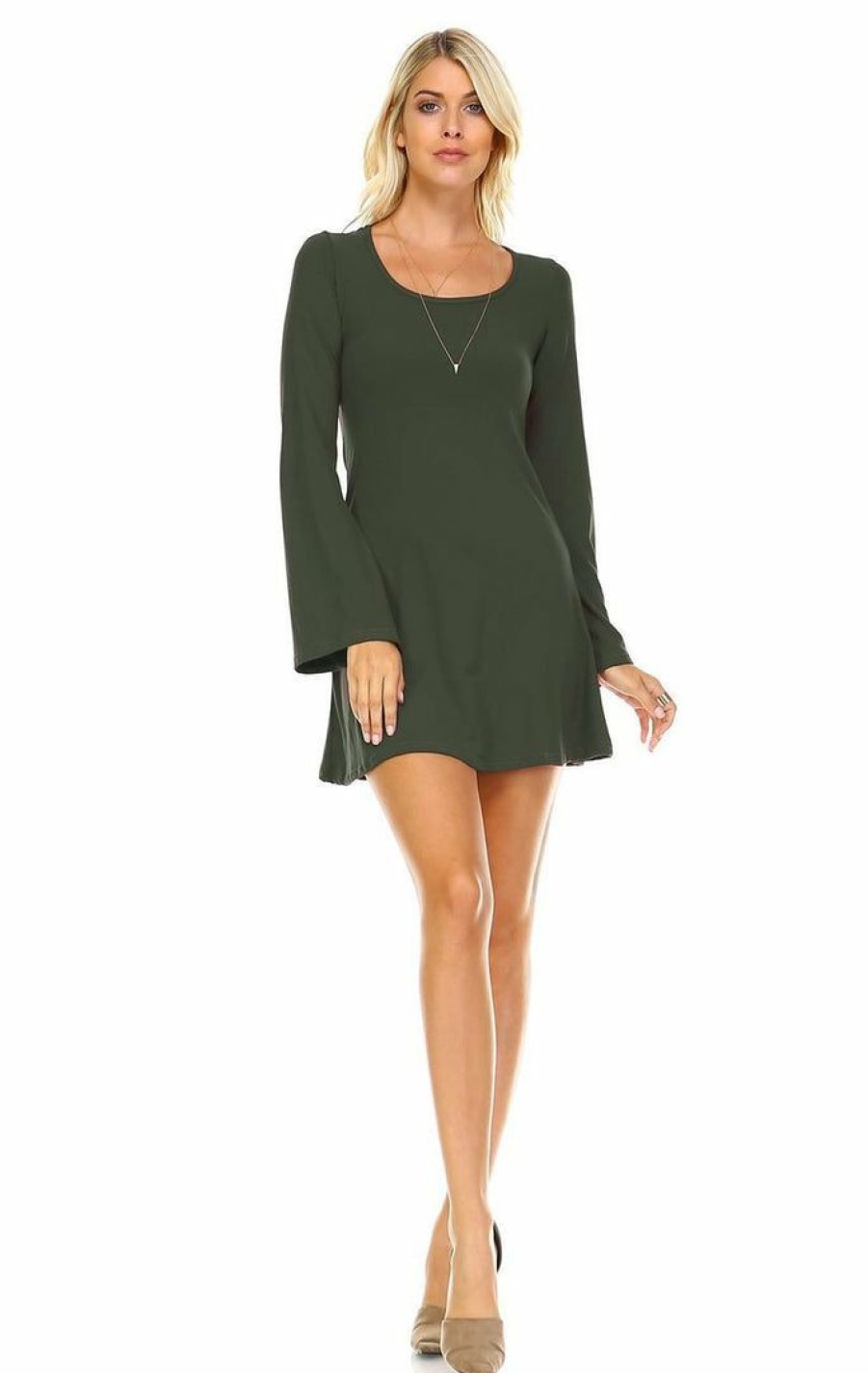 Regular Size * | Zoozie La Tunic Top Fitted Dress With Long Bell Sleeves Olive