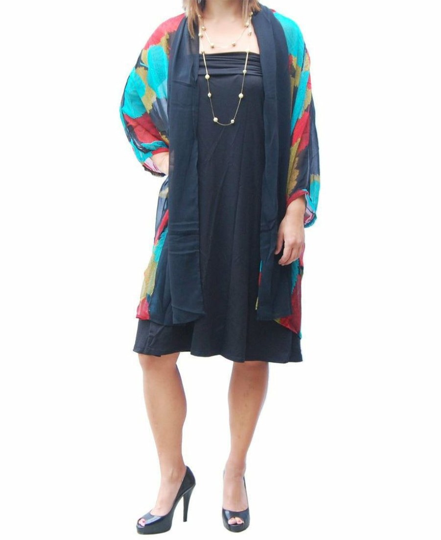 Regular Size * | Zoozie La Cardigan Kimono Floral Blue Red Golden Leaves