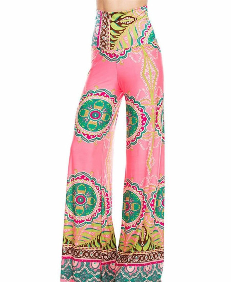 Regular Size * | Zoozie La Foldover Palazzo Pants High Waisted Foldover Tropical Pink