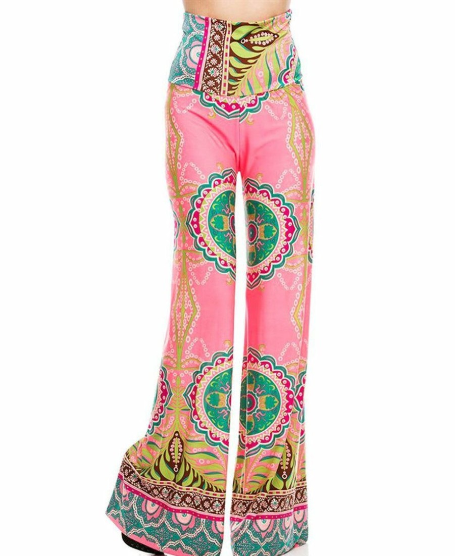 Regular Size * | Zoozie La Foldover Palazzo Pants High Waisted Foldover Tropical Pink