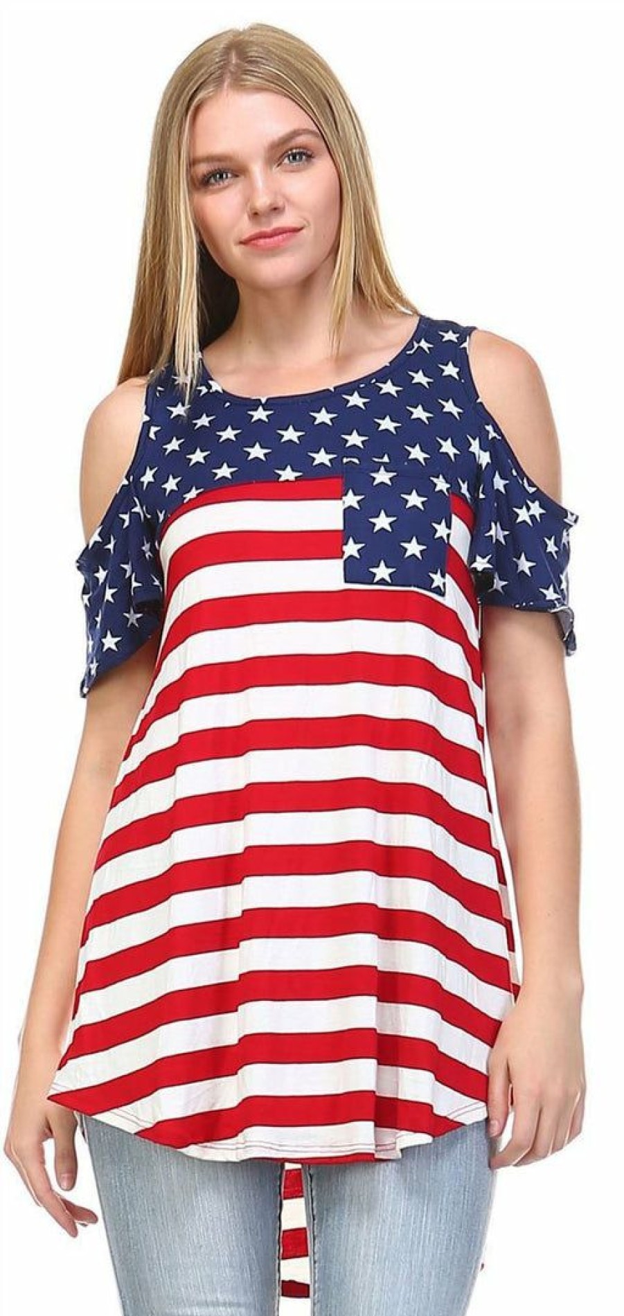 Regular Size * | Zoozie La Patriotic Shirt Open Shoulder Navy Star Red Stripes 1 Regular Size