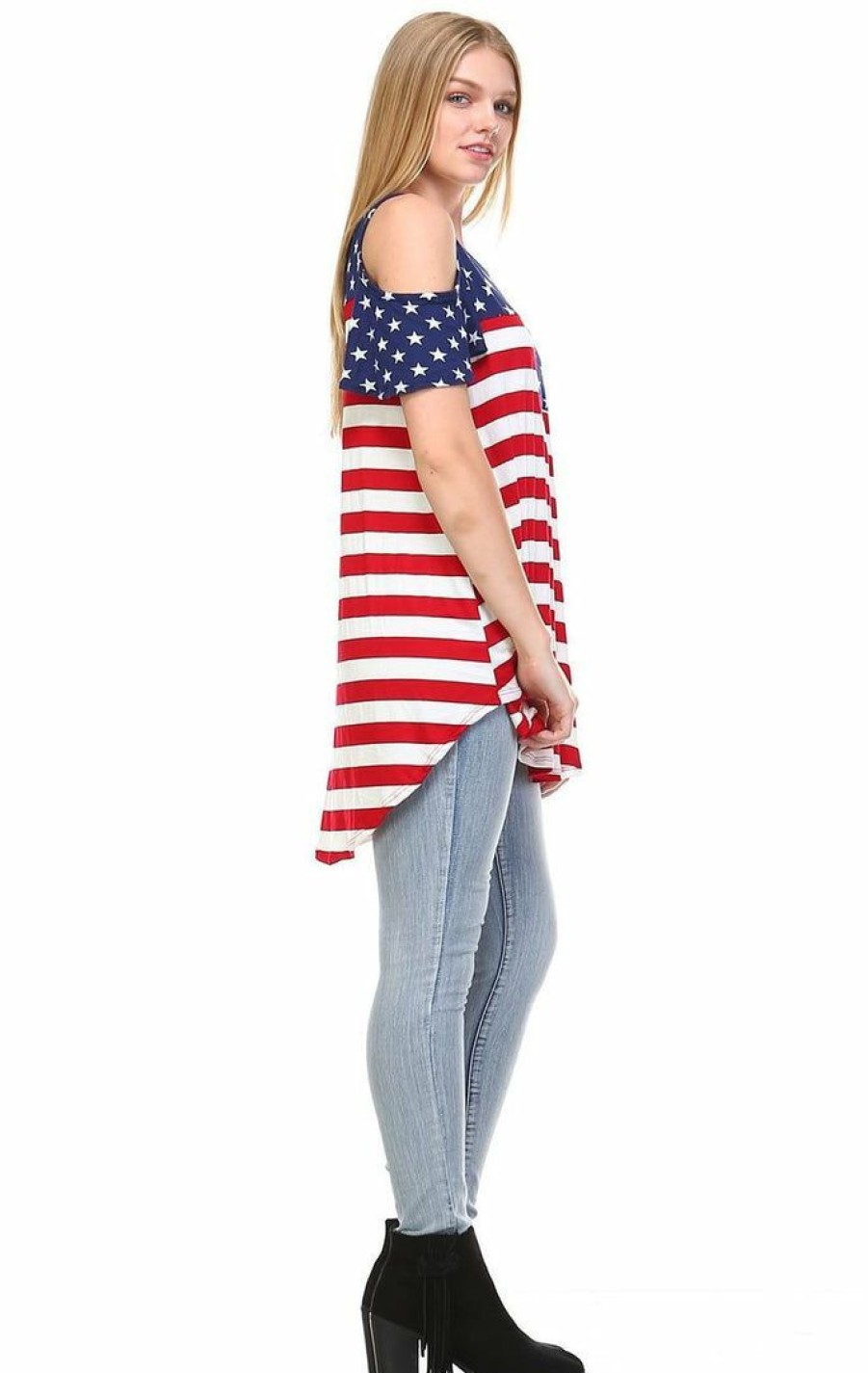 Regular Size * | Zoozie La Patriotic Shirt Open Shoulder Navy Star Red Stripes 1 Regular Size