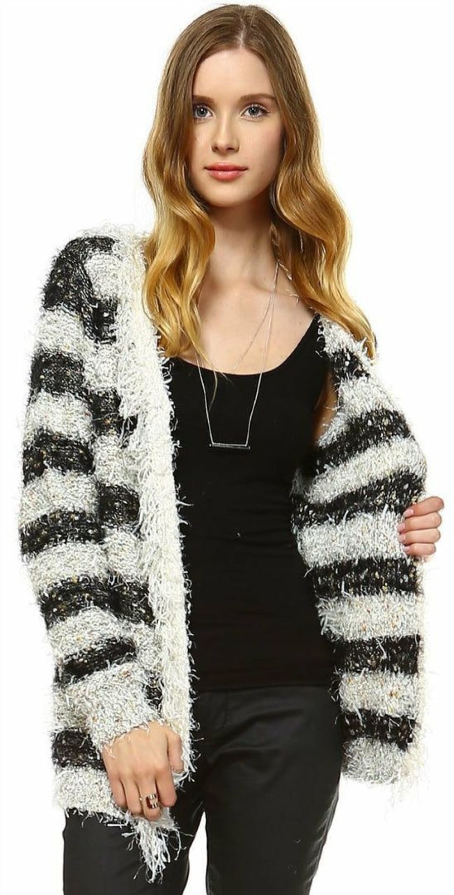 Regular Size * | Zoozie La Fuzzy Cardigan Sweater Open Front Closure Black White Regular Size