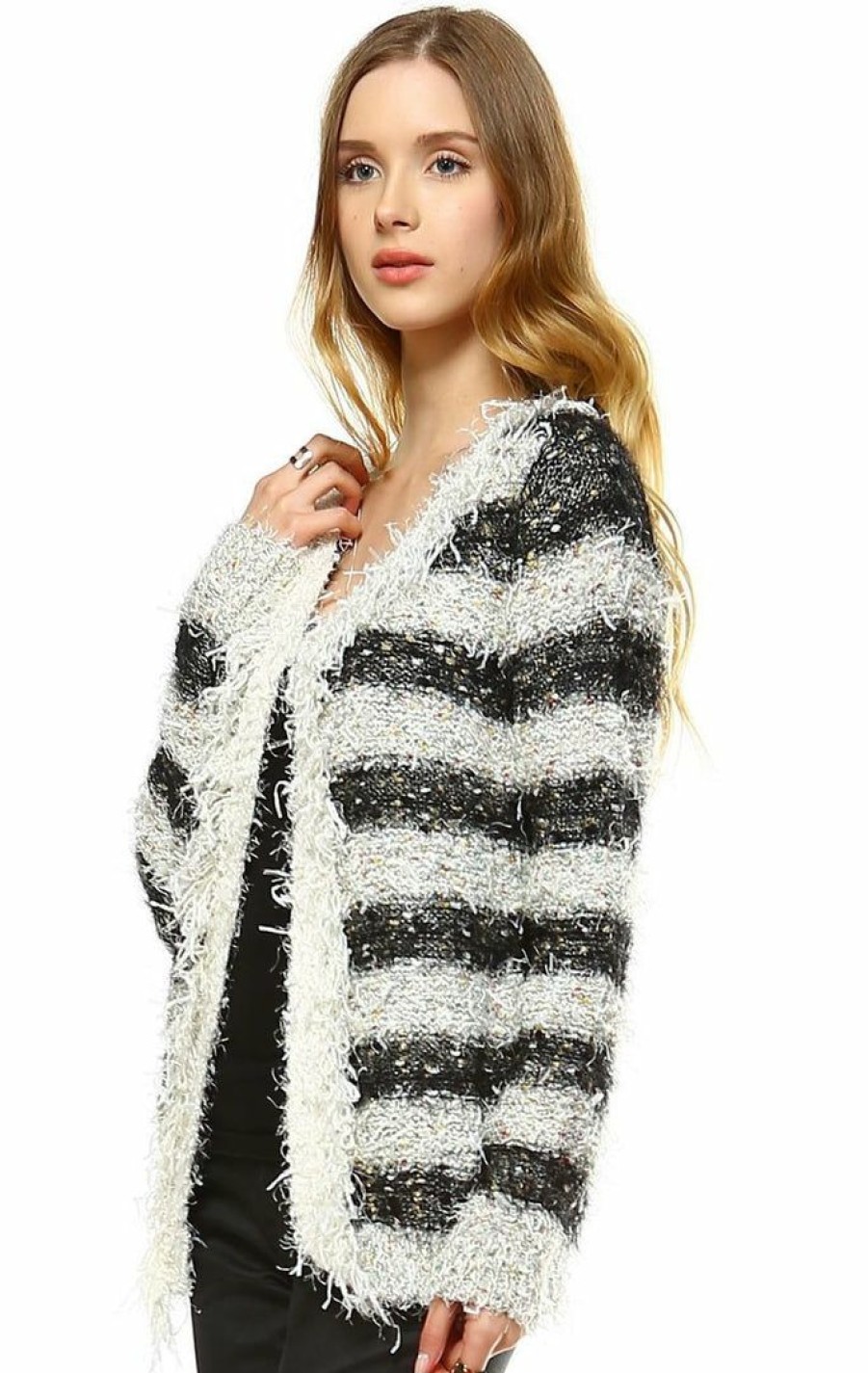 Regular Size * | Zoozie La Fuzzy Cardigan Sweater Open Front Closure Black White Regular Size