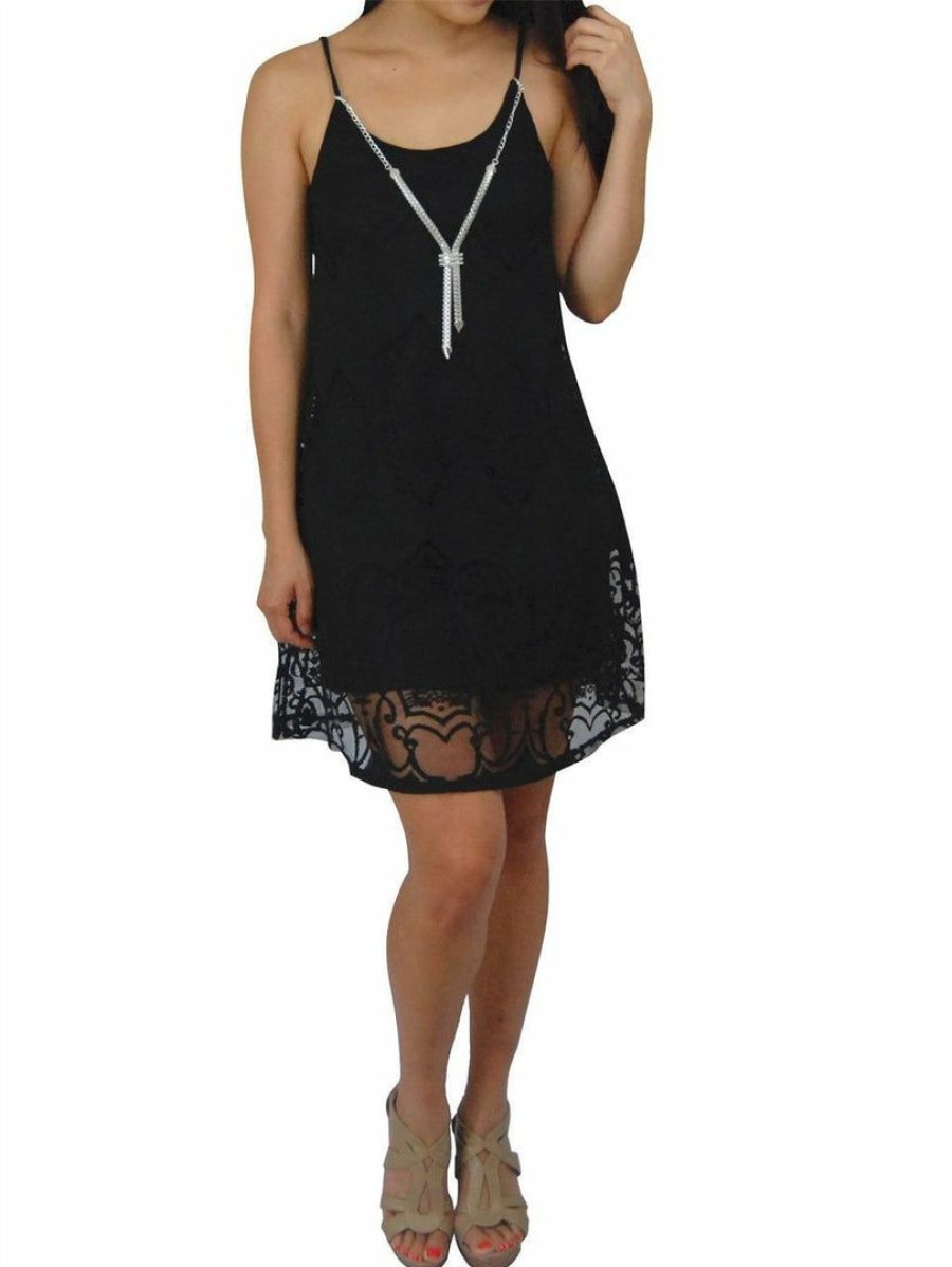 Regular Size * | Zoozie La Spaghetti Lace Ornament Mini Dress With Fashion Necklace Black Regular Size