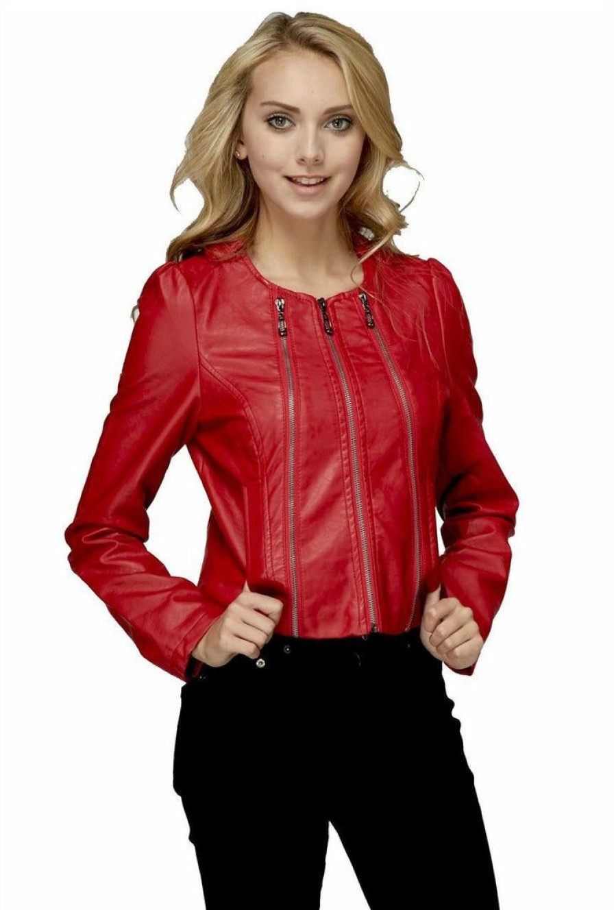 Regular Size * | Zoozie La Womens Stylish Red 3 Zipper Faux Leather Jacket Regular Size