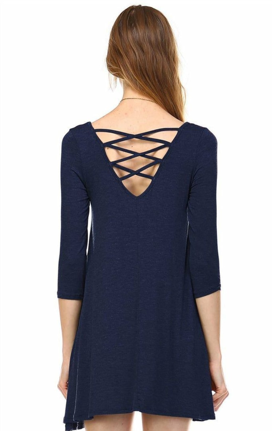 Regular Size * | Zoozie La Regular Size Strappy Back Dress 3/4 Sleeve Navy Blue