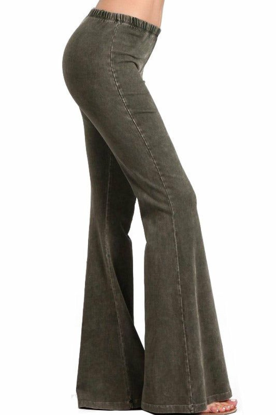 Regular Size * | Zoozie La Regular Size Bell Bottoms Yoga Pants Denim Colored Dark Moss Green Denim Colored Yoga Pants Dark Moss Green