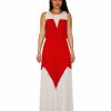 Regular Size * | Zoozie La Two Tone Chevron Sleeveless Ruffle Maxi Dress Mocha Red Red And Beige Taupe