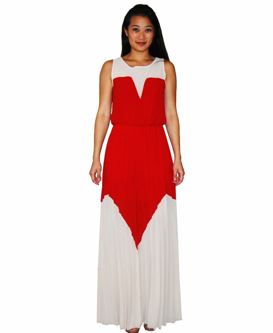 Regular Size * | Zoozie La Two Tone Chevron Sleeveless Ruffle Maxi Dress Mocha Red Red And Beige Taupe