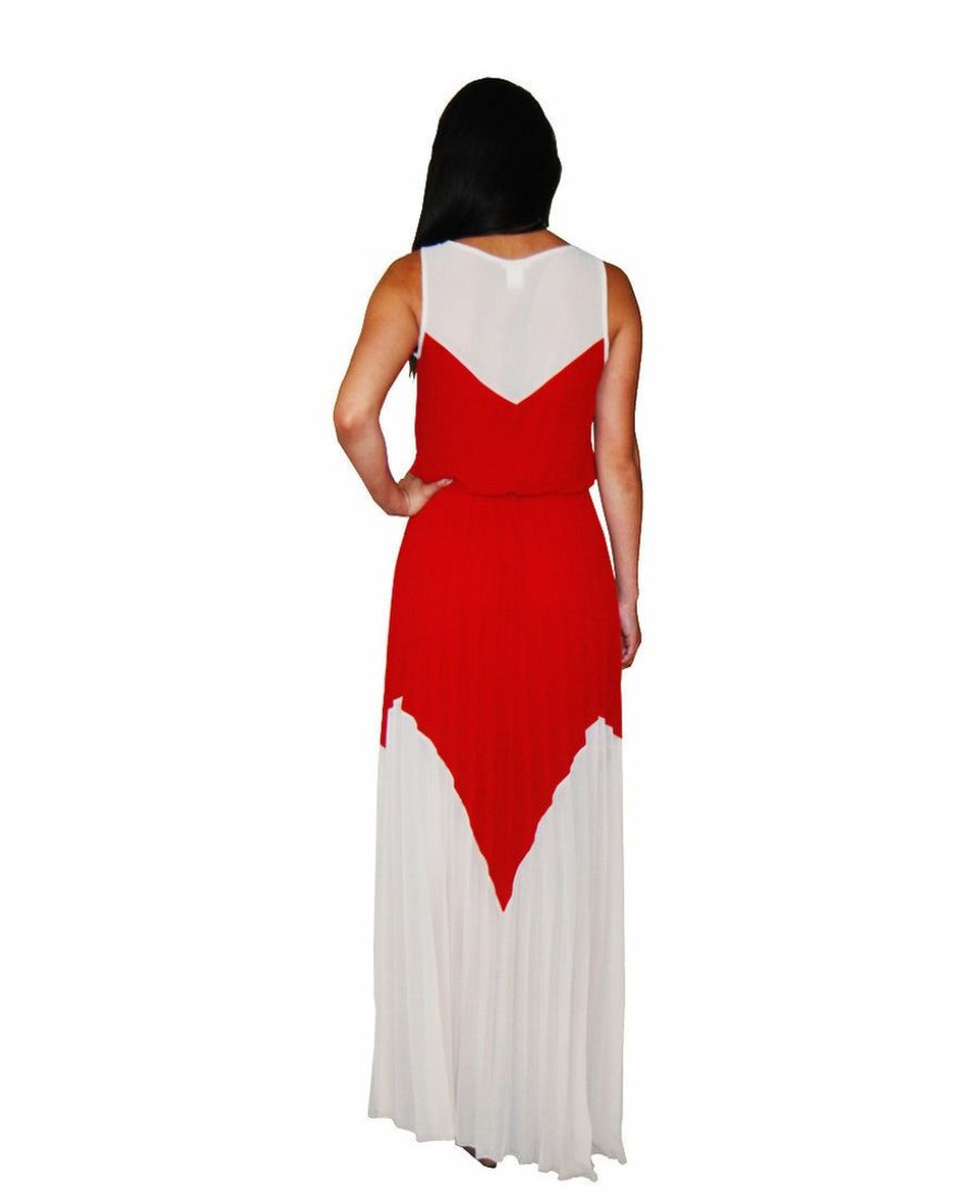 Regular Size * | Zoozie La Two Tone Chevron Sleeveless Ruffle Maxi Dress Mocha Red Red And Beige Taupe