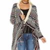 Regular Size * | Zoozie La Open Front Oversized Fringe Cardigan With Winter Print Beige