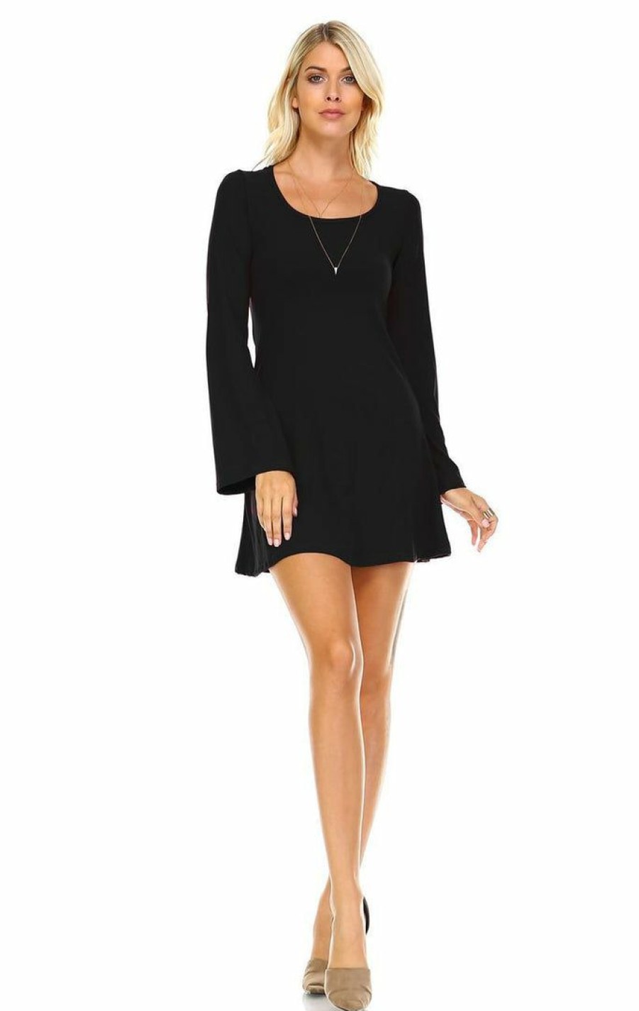 Regular Size * | Zoozie La Tunic Top Fitted Dress With Long Bell Sleeves Black