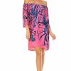 Regular Size * | Zoozie La Off Shoulder Tunic Dress Navy Flowers On Coral Pink Regular Size