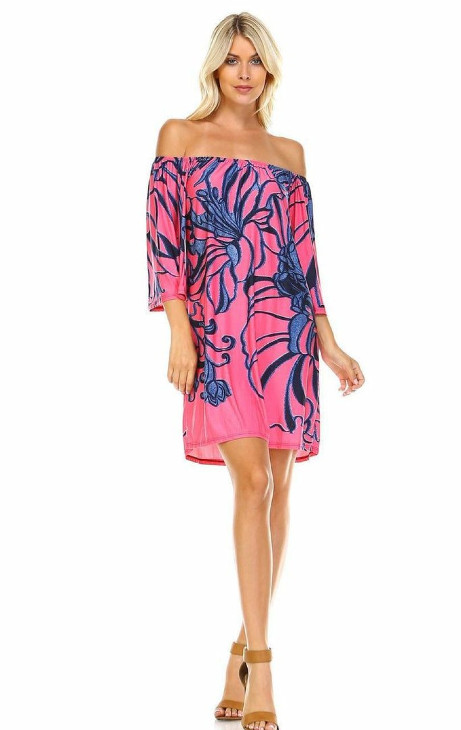 Regular Size * | Zoozie La Off Shoulder Tunic Dress Navy Flowers On Coral Pink Regular Size