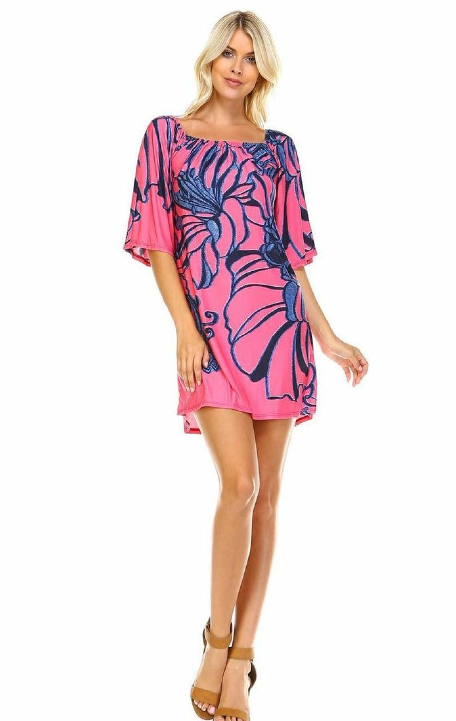 Regular Size * | Zoozie La Off Shoulder Tunic Dress Navy Flowers On Coral Pink Regular Size