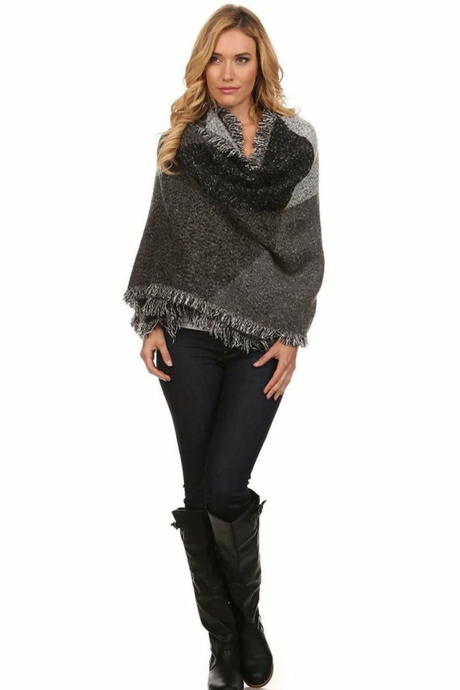 Regular Size * | Zoozie La Black Gray Viscose Wool Blanket Cardigan Poncho One Size