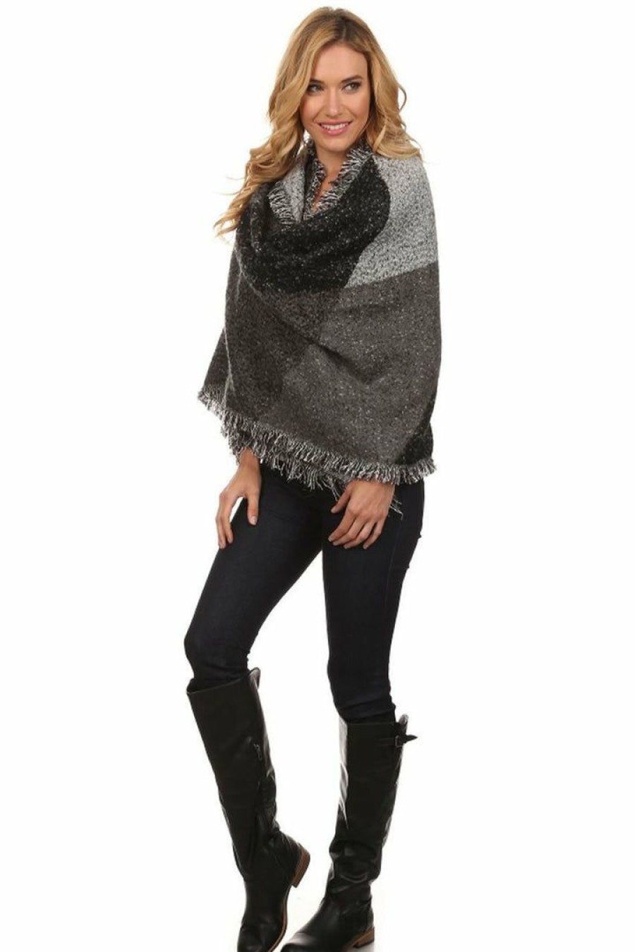 Regular Size * | Zoozie La Black Gray Viscose Wool Blanket Cardigan Poncho One Size