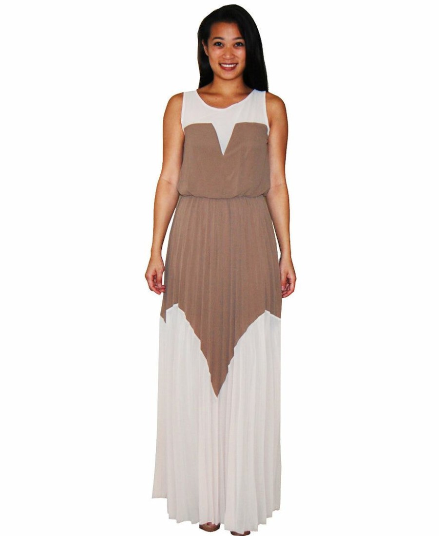 Regular Size * | Zoozie La Two Tone Chevron Sleeveless Ruffle Maxi Dress Mocha Taupe Regular Size