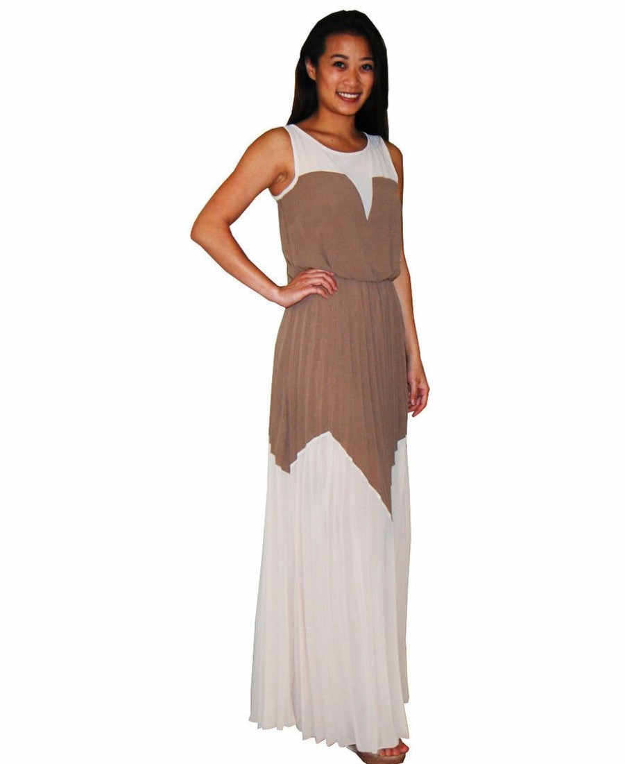 Regular Size * | Zoozie La Two Tone Chevron Sleeveless Ruffle Maxi Dress Mocha Taupe Regular Size