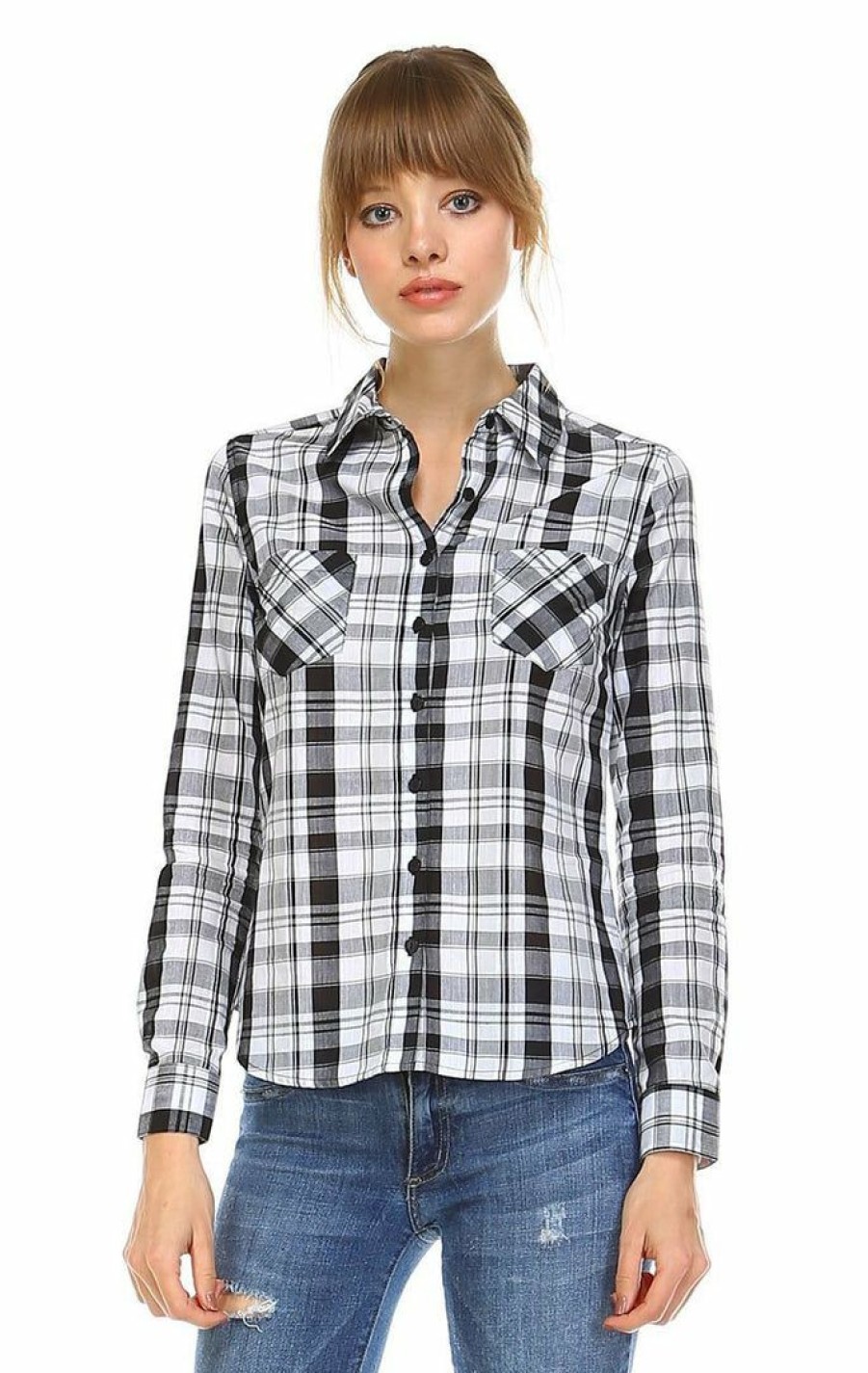 Regular Size * | Zoozie La Regular Size Plaid Shirt Button Up Black White