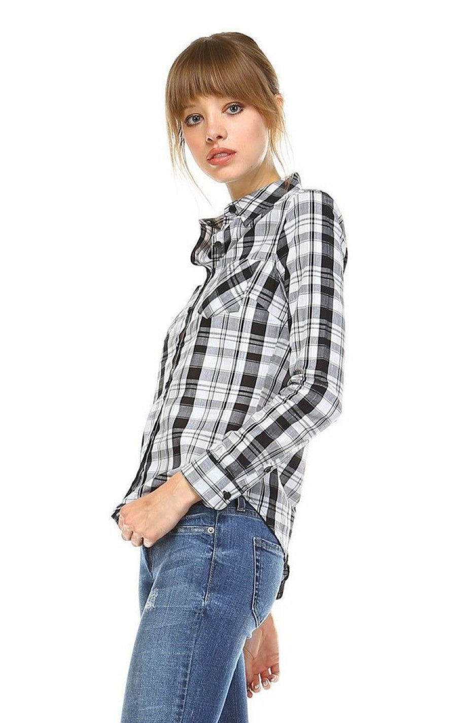 Regular Size * | Zoozie La Regular Size Plaid Shirt Button Up Black White