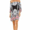 Regular Size * | Zoozie La Off Shoulder Tunic Dress Black Red Tropical Paisley