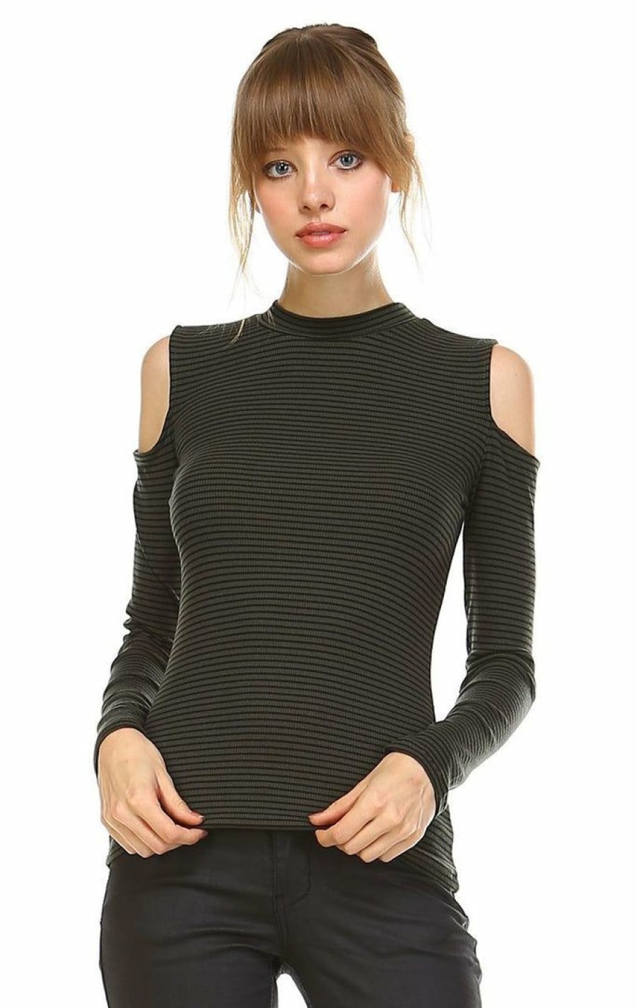 Regular Size * | Zoozie La Cold Shoulder Top Long Sleeve Stripe Olive Black Regular Size