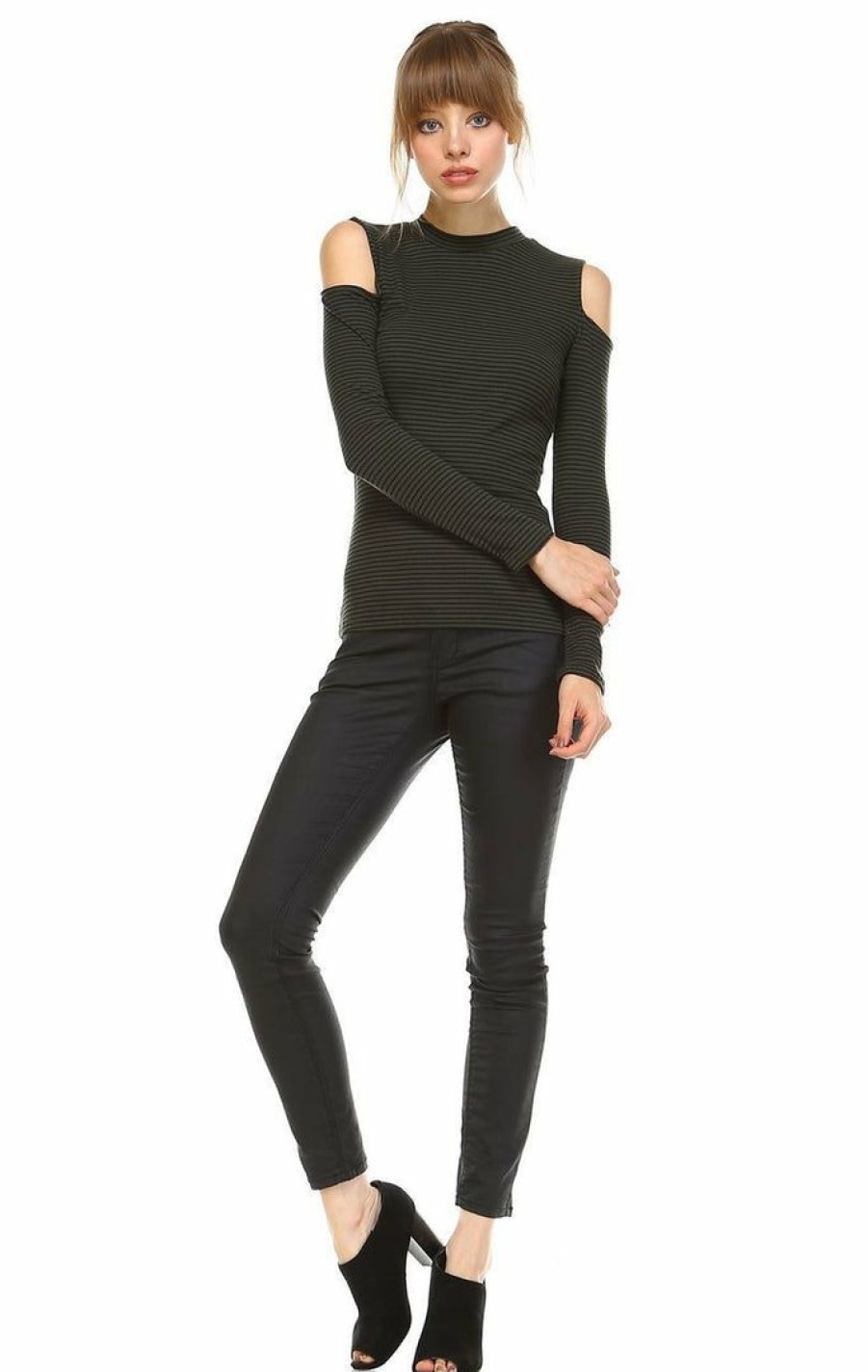 Regular Size * | Zoozie La Cold Shoulder Top Long Sleeve Stripe Olive Black Regular Size