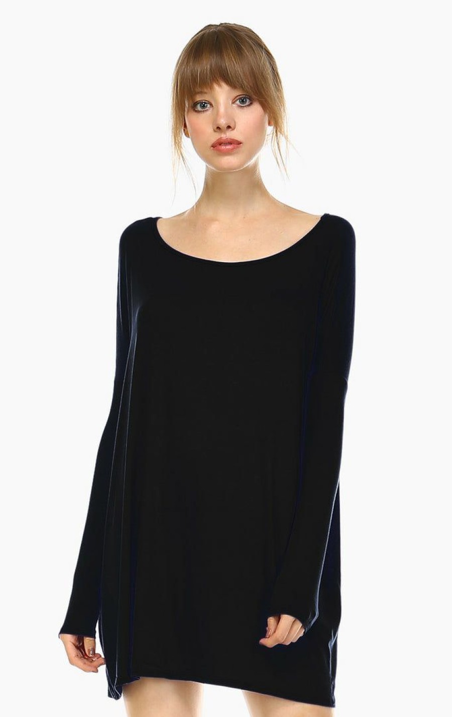 Regular Size * | Zoozie La Tunic Top Casual Dress Oversized Round Neck Long Sleeve Black Regular Size