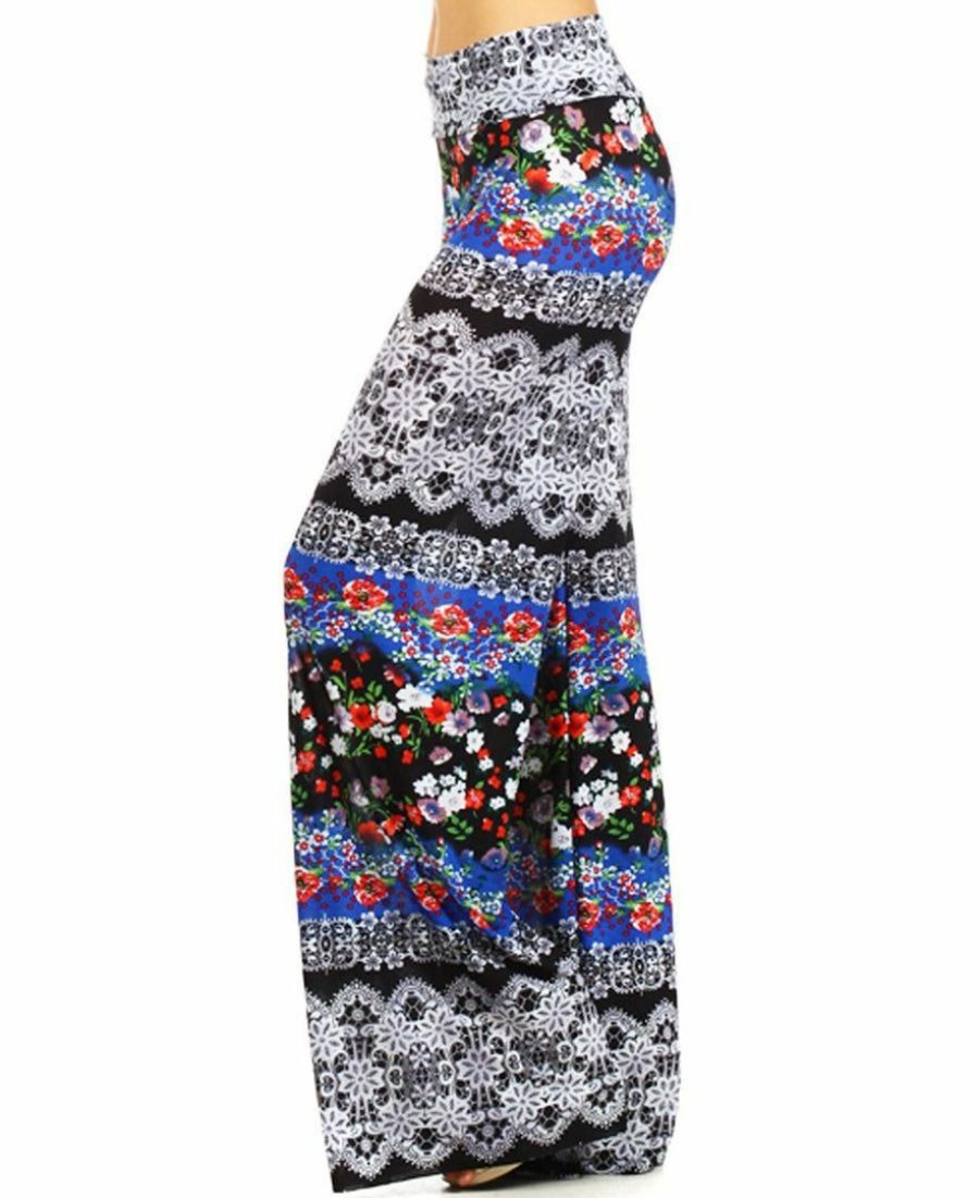 Regular Size * | Zoozie La Foldover Palazzo Pants Bohemian Floral Blue Black