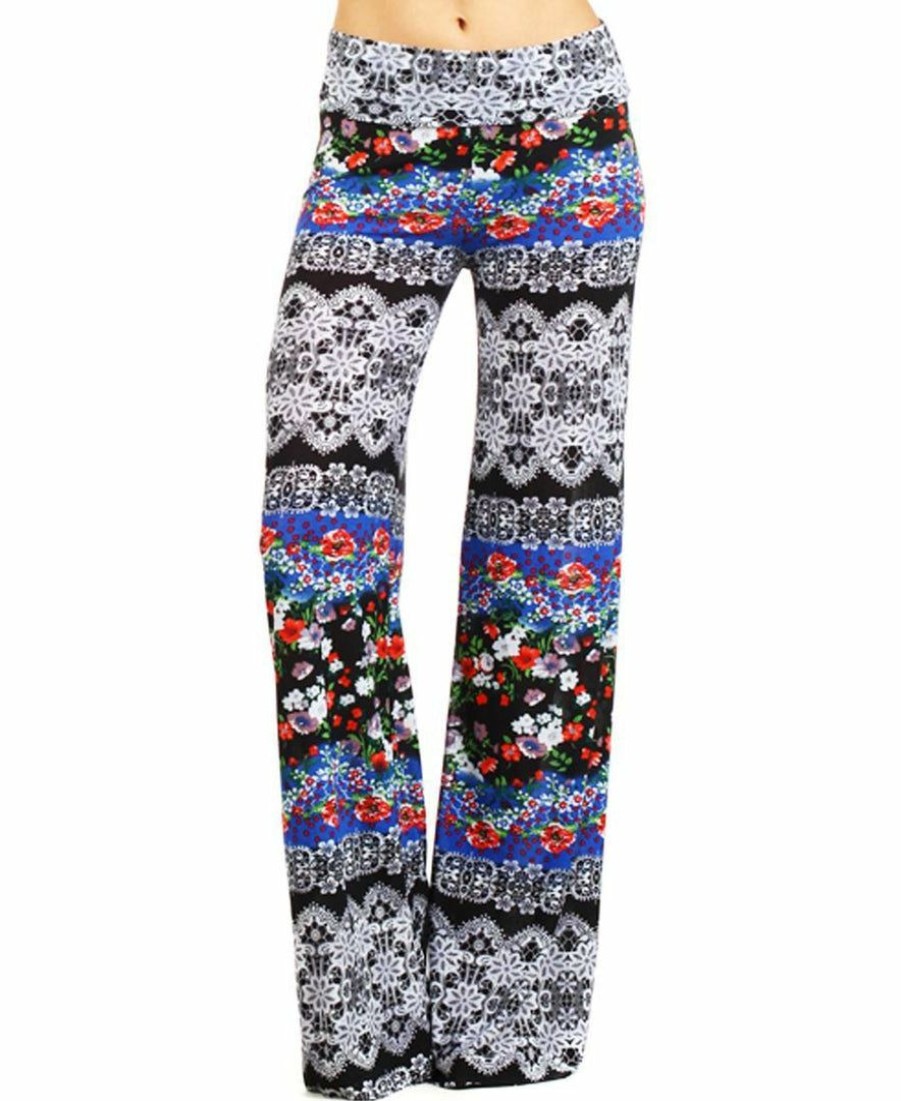 Regular Size * | Zoozie La Foldover Palazzo Pants Bohemian Floral Blue Black