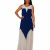 Regular Size * | Zoozie La Two Tone Chevron Sleeveless Ruffle Maxi Dress Mocha Blue Blue And Beige Taupe