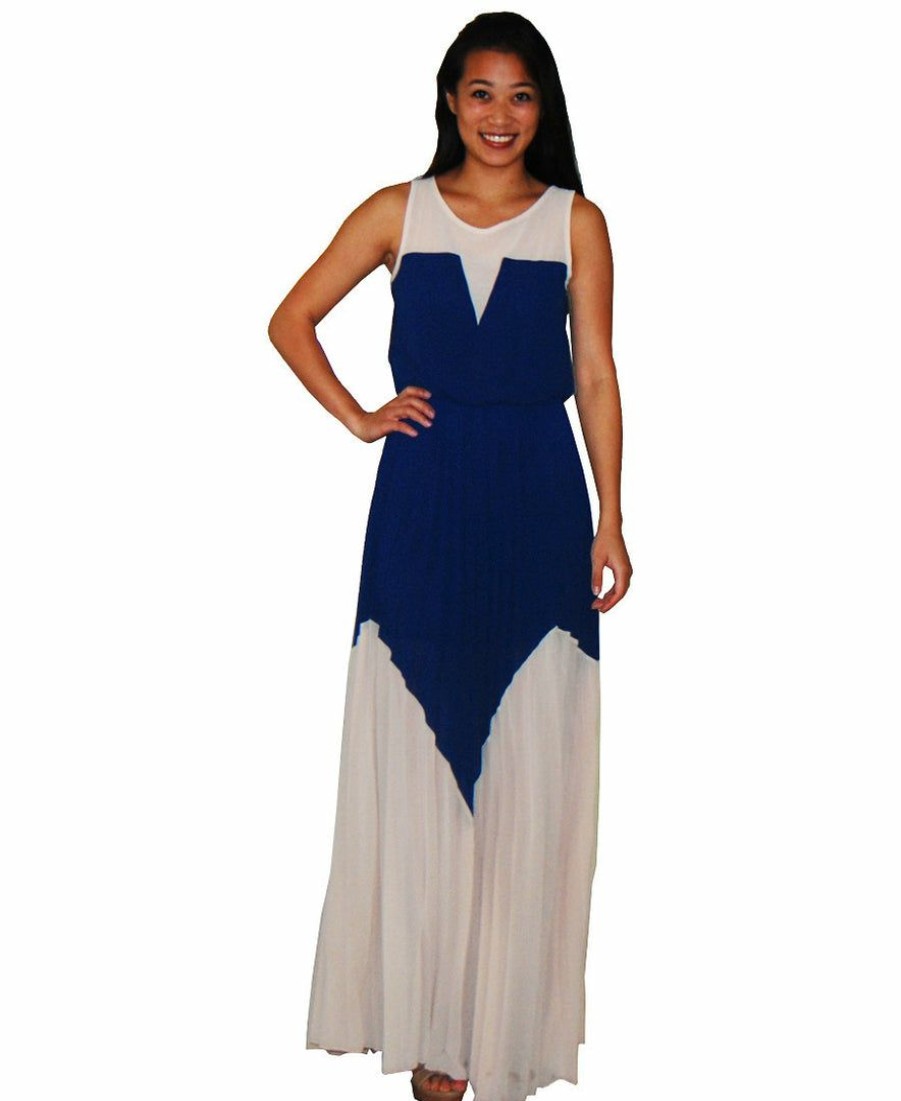 Regular Size * | Zoozie La Two Tone Chevron Sleeveless Ruffle Maxi Dress Mocha Blue Blue And Beige Taupe