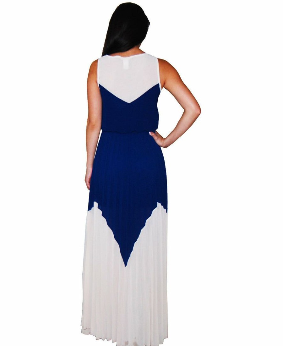 Regular Size * | Zoozie La Two Tone Chevron Sleeveless Ruffle Maxi Dress Mocha Blue Blue And Beige Taupe