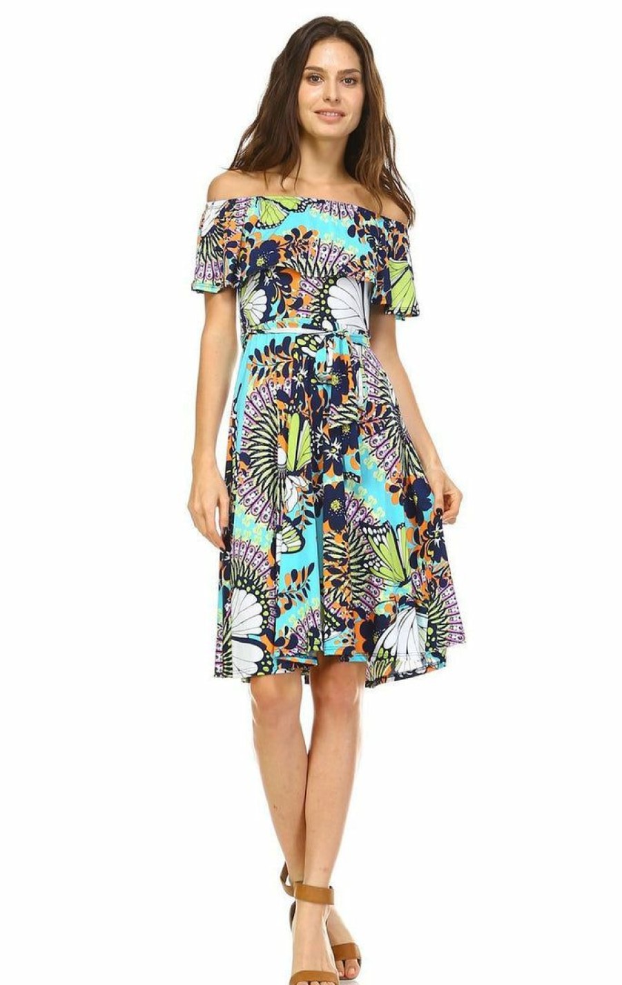 Regular Size * | Zoozie La Off The Shoulder Knee Length Dress Butterfly Turquoise Regular Size