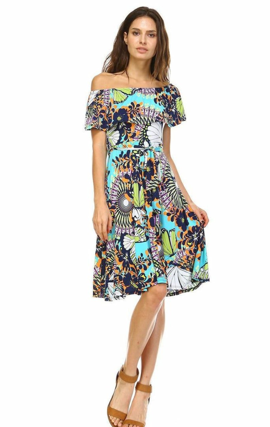 Regular Size * | Zoozie La Off The Shoulder Knee Length Dress Butterfly Turquoise Regular Size