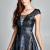 Regular Size * | Zoozie La Glitter Party Skater Dress Rhinestone Neckline Blue Regular Size