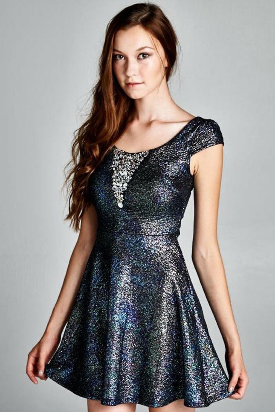 Regular Size * | Zoozie La Glitter Party Skater Dress Rhinestone Neckline Blue Regular Size