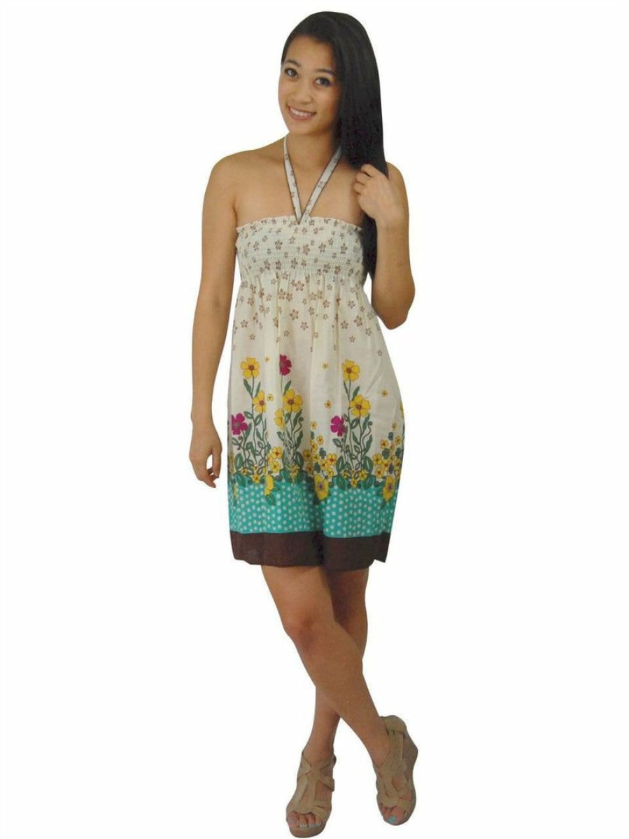 Regular Size * | Zoozie La White Brown Teal Border Elastic Band Top Sundress Regular Size