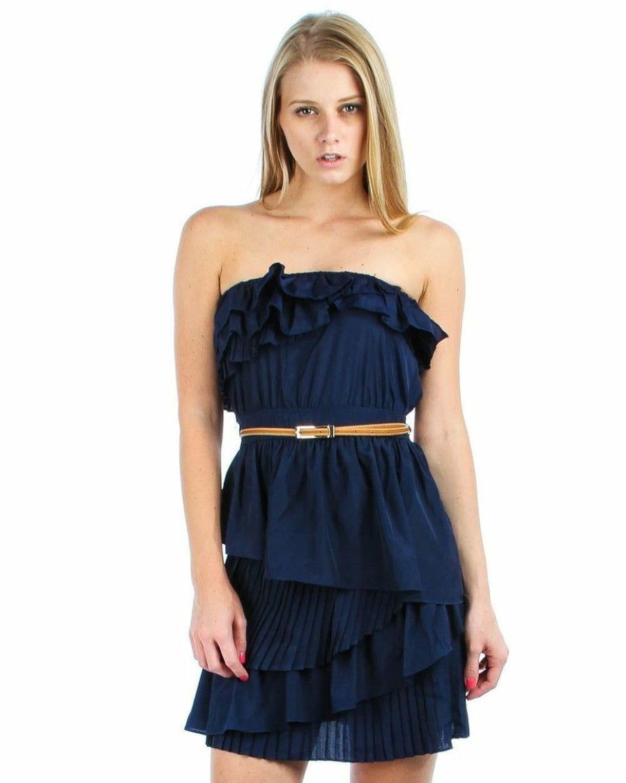 Regular Size * | Zoozie La Strapless Mini Dress Ruffle Belt Navy Blue