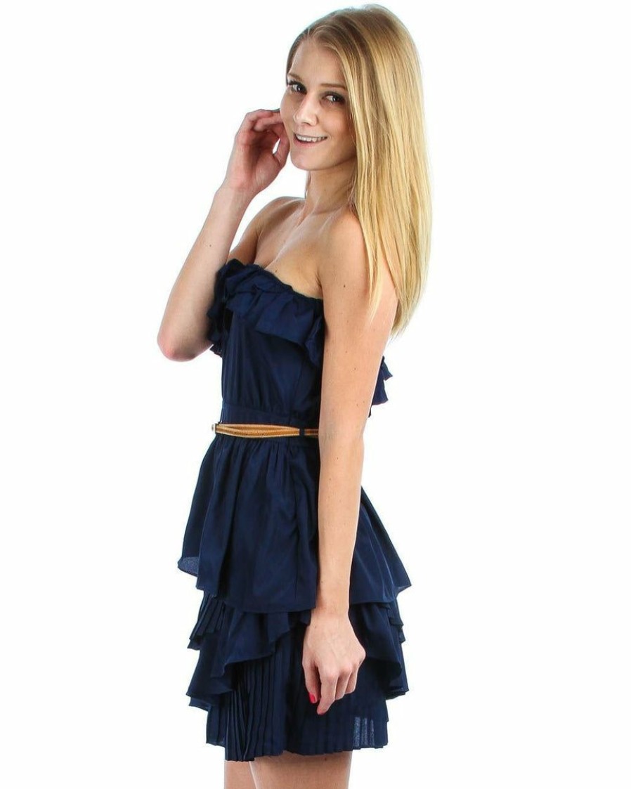 Regular Size * | Zoozie La Strapless Mini Dress Ruffle Belt Navy Blue