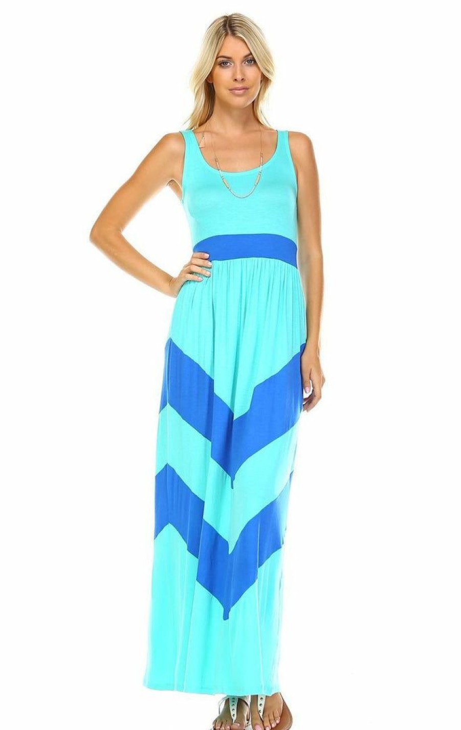 Regular Size * | Zoozie La Sleeveless Evening Chevron Maxi Dress Mint Aqua Royal Blue