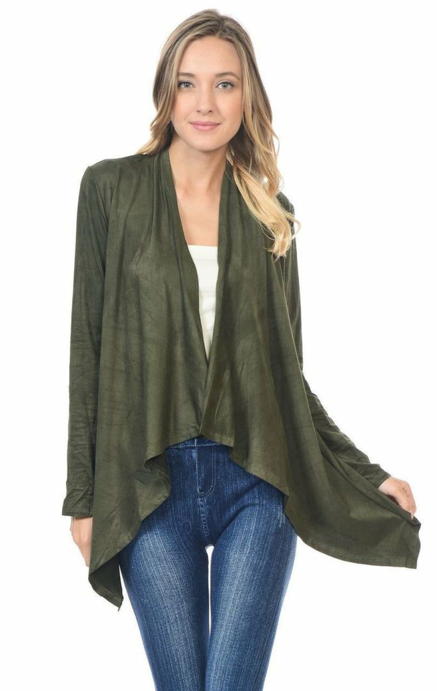 Regular Size * | Zoozie La Regular Size Suede Open Front Flyaway Jacket Cardigan Olive Green