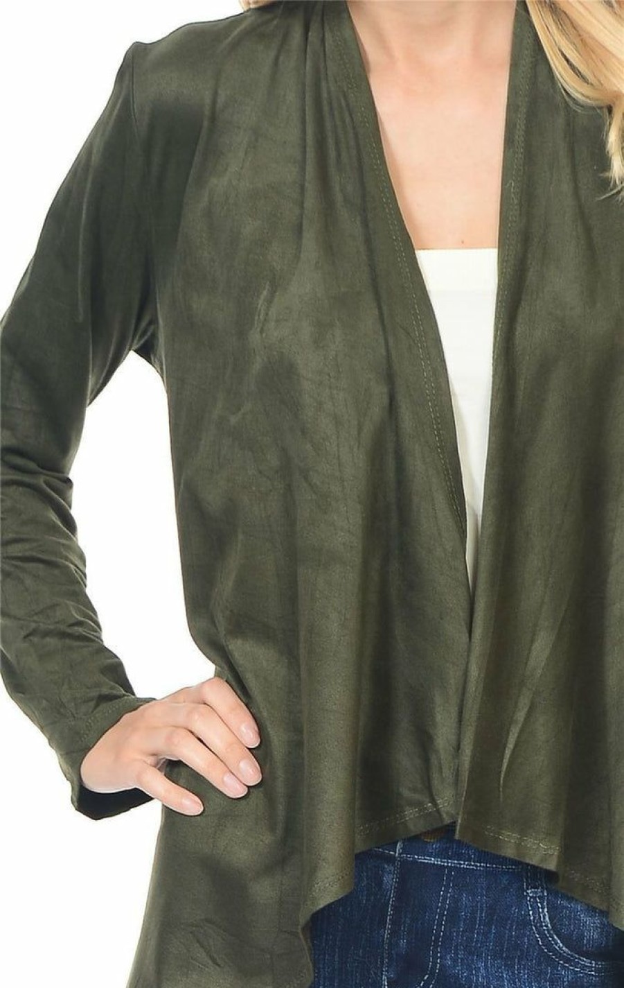 Regular Size * | Zoozie La Regular Size Suede Open Front Flyaway Jacket Cardigan Olive Green